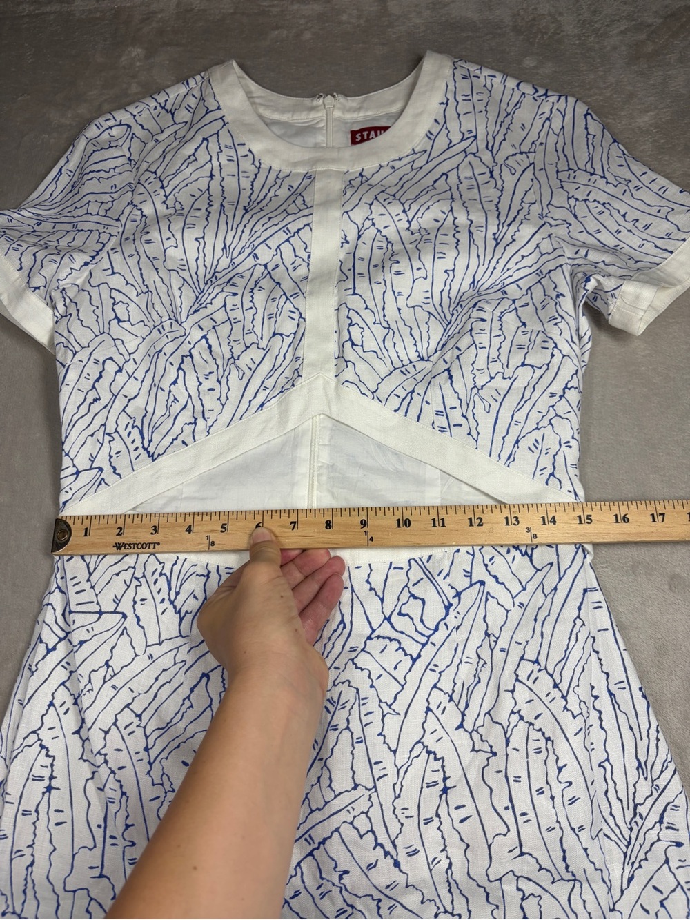 Staud Perla Blue White Palm Linen Cut Out Preppy Short Sleeve Cocktail Dress 10 - Picture 10 of 16